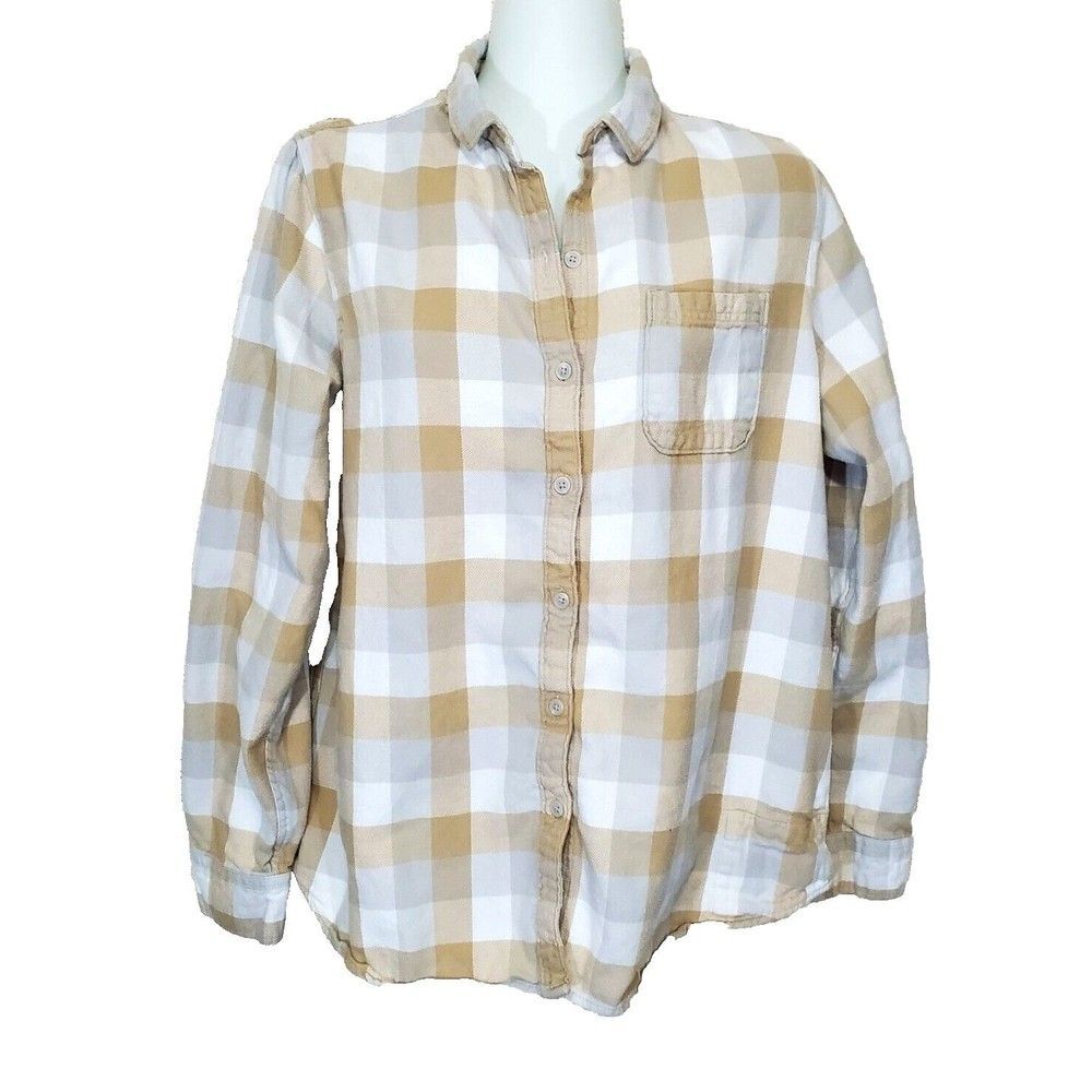 Woolrich Flannel Shirt Womens Medium Pemberton Plaid Beige White Button Front